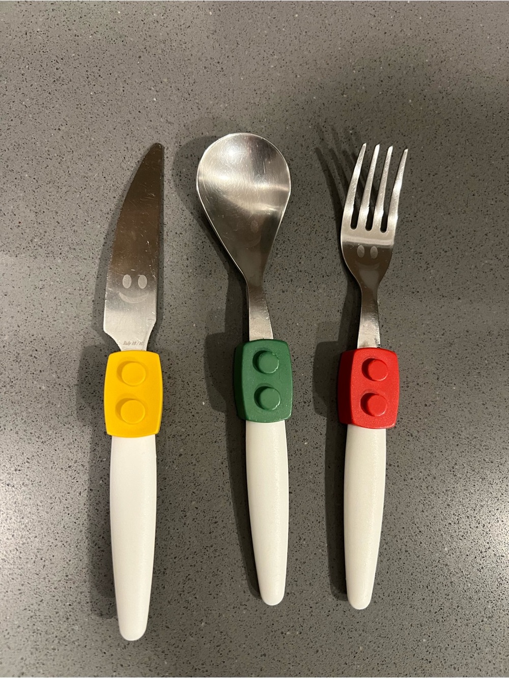 Lego Children's Flatware Set with White Handles and Yellow Green Red Studs